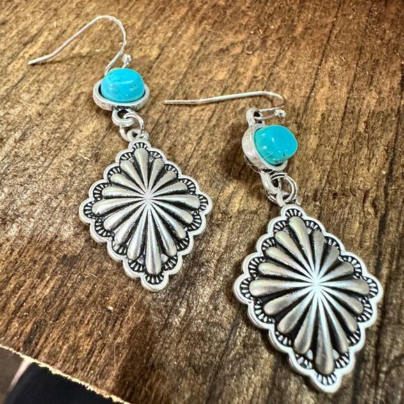 Concho Turquoise Drop Earrings, Southwestern Chic Design, Ships in Gift Box - Picture 1 of 9